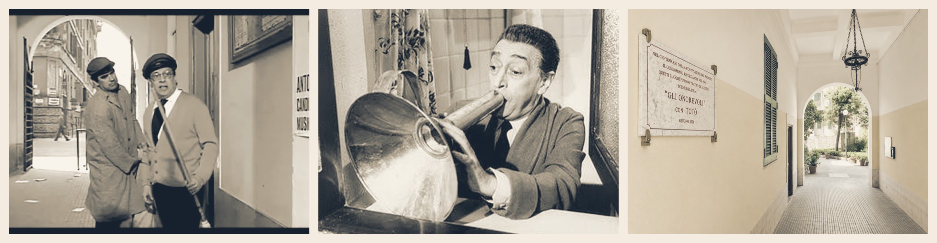 Scene del film Gli Onorevoli con Totò girate nel palazzo e la targa commemorativa nell'androne